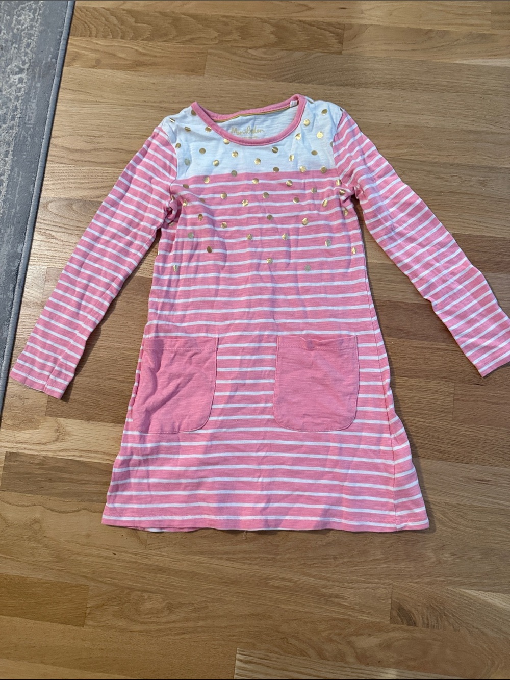 Unworn size 7/8Y Girls' Mini Boden Pink Striped Long-Sleeve Cotton Dress